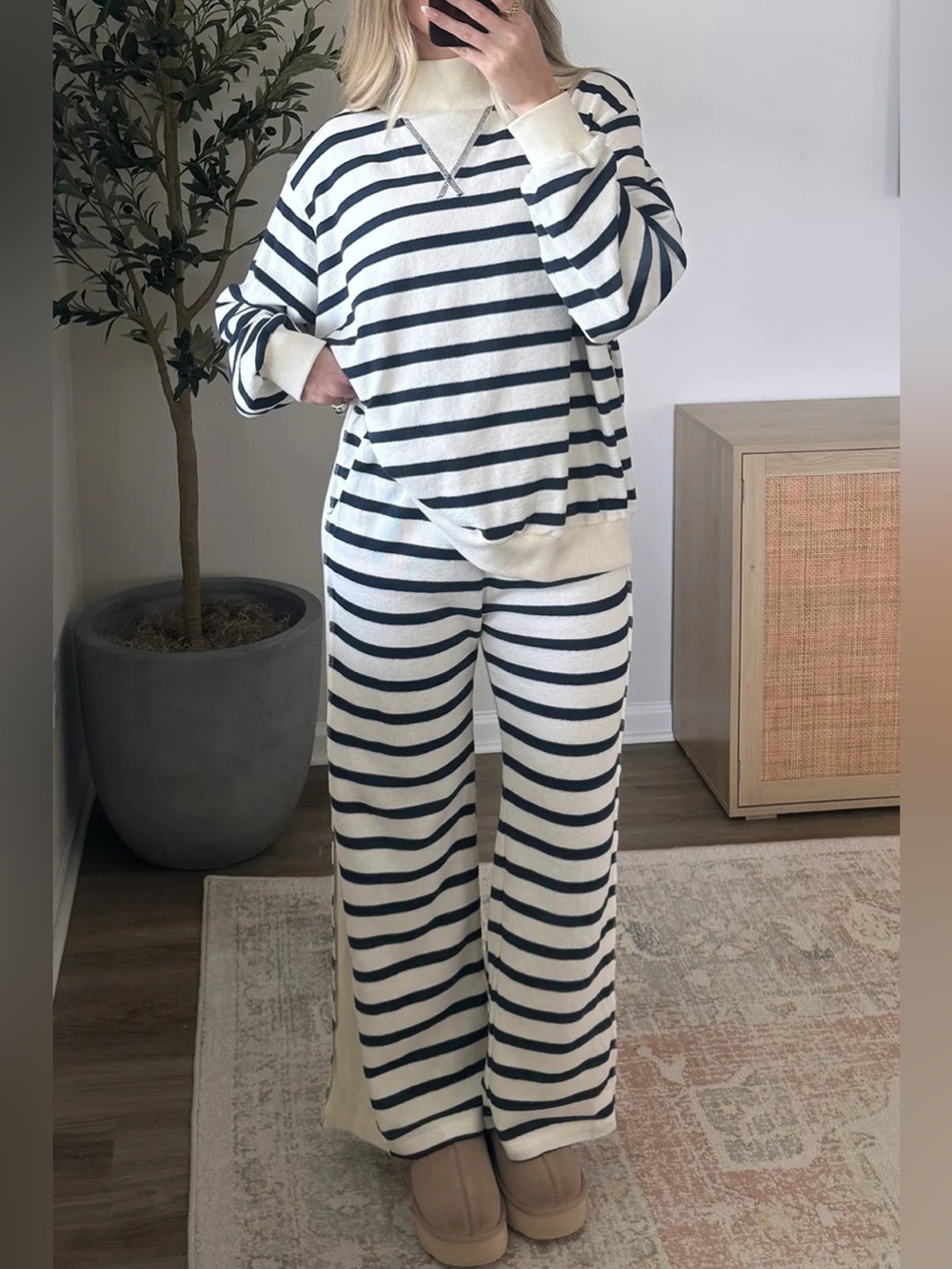 Striped Long Sleeve Top and Wide-Leg Pants Set